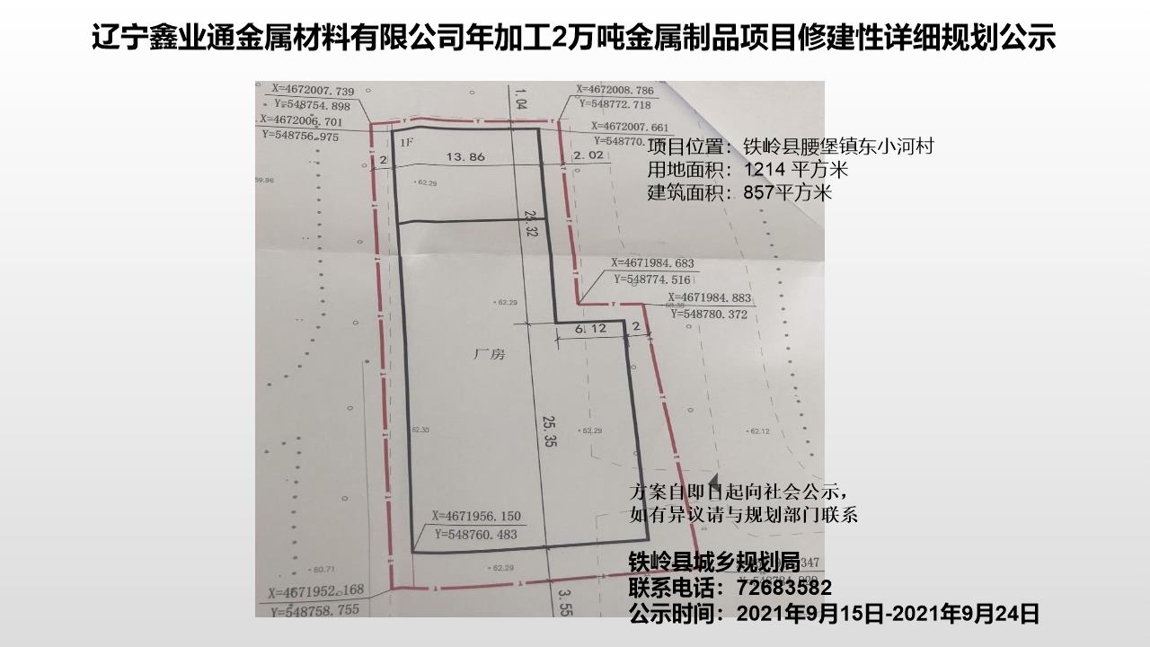 辽宁鑫业通金属材料有限公司年加工2万吨金属制品项目修建性详细规划公示