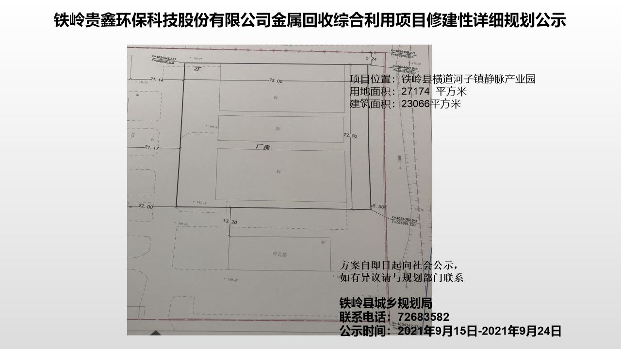 铁岭贵鑫环保科技股份有限公司金属回收综合利用项目修建性详细规划公示